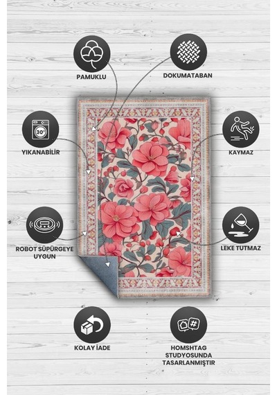 Homshtag Art Deco Begonya Vintage Halı Görünümlü Dijital Baskı Renkli Halı Rustik Çiçekli Halı Çok Renkli