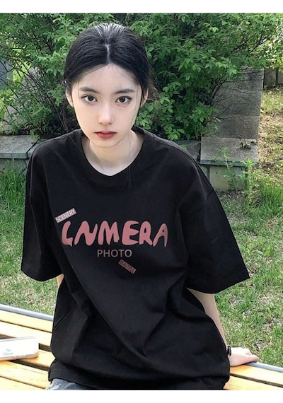Lnmera T-shirt - Siyah Baskılı Oversize Bisiklet Yaka Kısa Kol Siyah