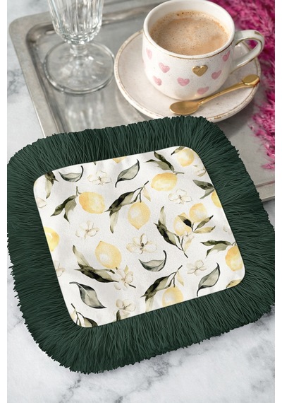 Limon Çiçeği Bahar Elegan Püsküllü Sunum Peçetesi-akdeniz Motifleri Desenli Bardak Altlığı Sunumluk Çok Renkli