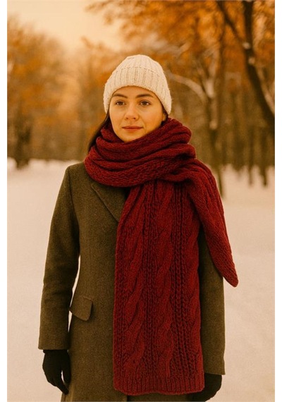 Dip Moda Kadın Bordo Kışlık Kalın Örme Yumuşak Dokulu Premium Atkı Dpaks050