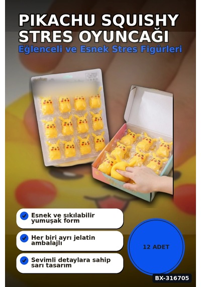Pikaçu Squishy Stres Oyuncağı 12 Adet - Sıkılabilir Esnek Tpr Figür Bx-316705