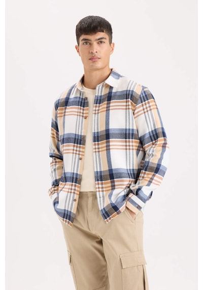 DeFacto Regular Fit Polo Yaka Kareli Flanel Uzun Kollu Gömlek D5835AX24AUER140