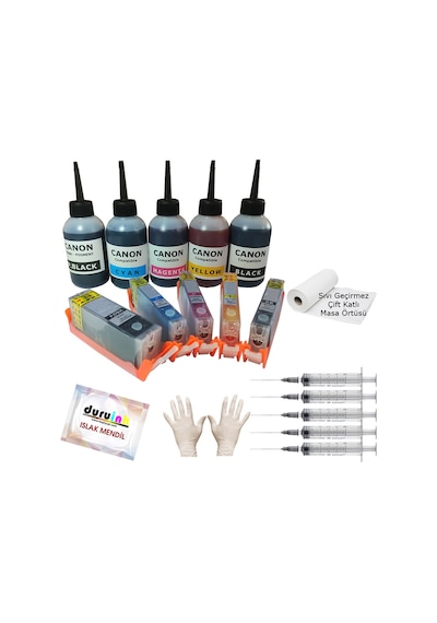 Canon Mg8250 Mx715 Mx885 Mx895 Uyumlu Kolay Dolan Kartuş+5x100ml Mürekkep 5 Renk Dolu