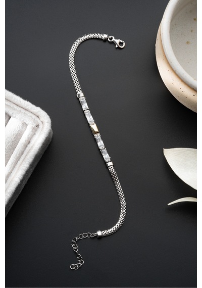 Çekirdekjewelry Baget Zirkon Taşlı 925 Ayar Gümüş Şık Kadın Bileklik Gri