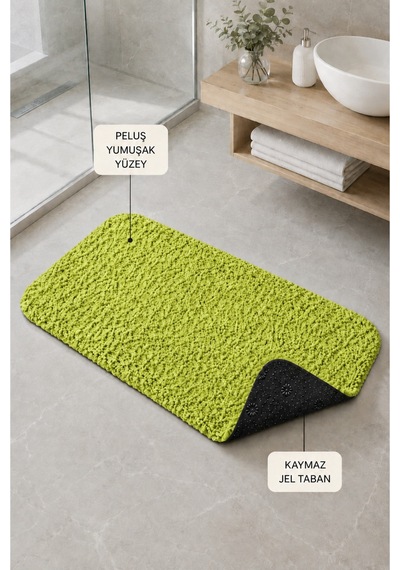 Kaymaz Jel Tabanlı Yıkanabilir Peluş Yumuşak Dokulu Dekoratif Tekli Banyo Paspası 60x100 Cm Yeşil