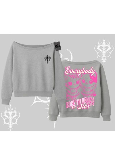 Startmore Born To Be A Star Yazılı Sevimli Kedi Arka Baskılı Kayık Yaka Sweatshirt Gri