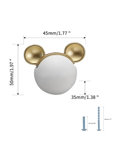 Ömürdepo Fare Mickey Mouse Kulp Dolap Çekmece Seramik Çinko Alaşımı Beyaz
