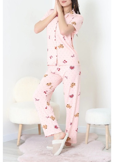 Modi Milan Kumaş Düğmeli Pijama Takımı Pudra - 750.1287. Açık Bej - Siyah