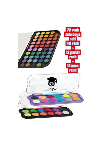 72 Renk Sulu Boya Seti 48 Renk + 12 Pastel Renk + 12 Neon Renk Çok Renkli