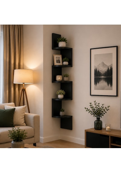 Modern Zigzag Köşe Duvar Rafı Siyah Mdf 6 Mm 30x30 Cm Modüler Raf Sistemi 30x180 Cm