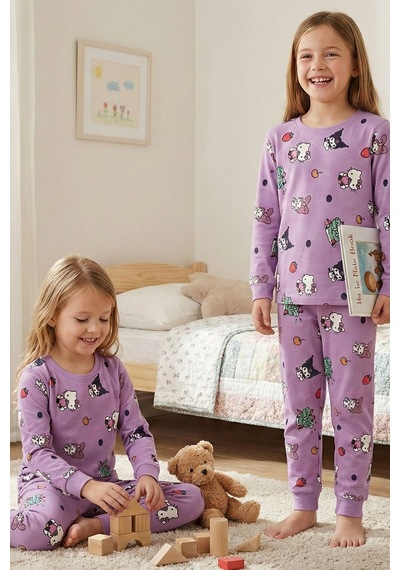 Cute Hello Kitty Ve Kuromi Desenli Kız Çocuk Pijama Takımı Lila