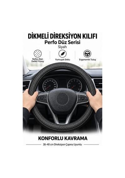 Trobus Volkswagen Taigo 2021-2025 Uyumlu Dikmeli Direksiyon Kılıfı Perfo Düz Delikli Deri Siyah