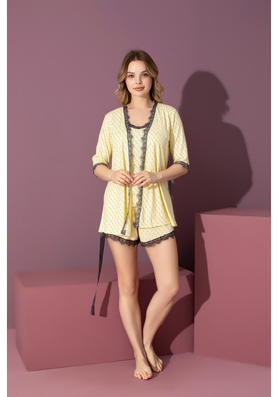 Rindahomewear Kadın 3 Lü Fitilli Viskon Şort Sabahlık Set Sarı