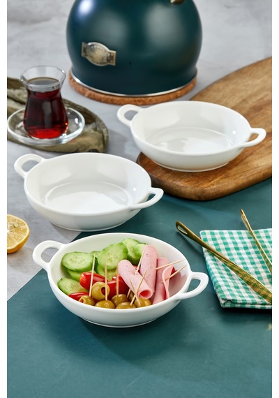 3 Lü Porselen Oval Kulplu Meze Ve Servis Kasesi Seti 19x15x4,5 Cm Şık Sunum Tabakları Beyaz - 757284366 Beyaz