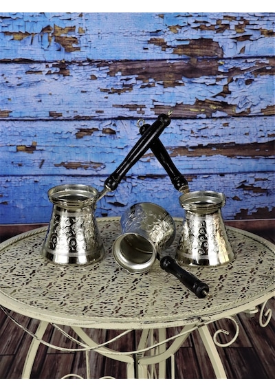 Ahşap Saplı Nikelli Üçlü Bakır Cezve Takımı