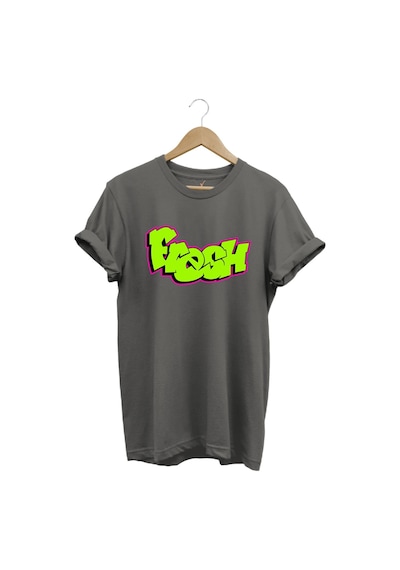 Fresh Graffiti Neon Yazı Baskılı %100 Pamuk Unisex Regular Fit T-shirt Gri