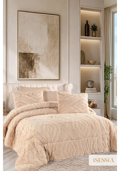 Isessia Lina Çift Kişilik Jakarlı Wellsoft Uyku Seti Çift Taraflı 230x250 Cm Çantalı Bej
