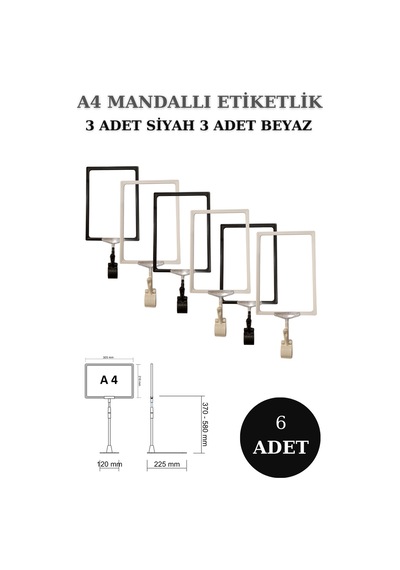 6 Adet Siyah Beyaz A4 Mandallı Sepet Etiketi Çerçeveli Etiketlik Siyah Beyaz