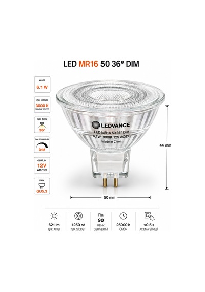 1 Adet Ledvance 12v Ac/dc 6.1w 50w 3000k Sarı Işık Dim Edilebilir Gu5.3 Duylu Led Çanak Ampul