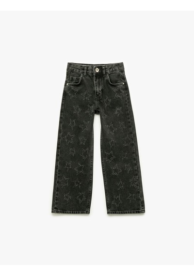 Koton Yıldız Desenli Pamuklu Denim Pantolon Siyah 7wkg40010ad