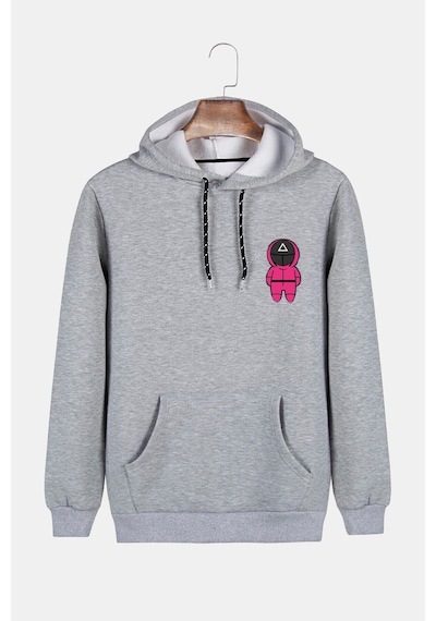 Unisex Gri Kapüşonlu Squid Game Baskılı Slim Fit Kanguru Cepli Sweatshirt Gri