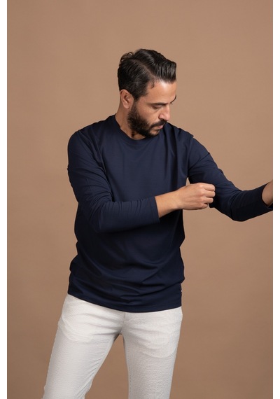 Paul Martin Regular Fit Bisiklet Yaka Rayon Kumaş Full Likralı Uzun Kol Sweatshirt Lacivert