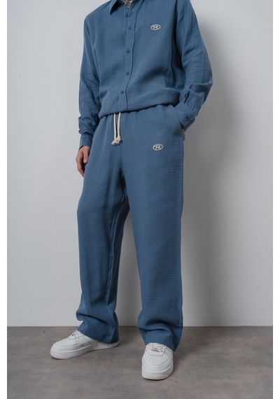 Respire Erkek R Nakışlı Müslin Baggy Pantolon Açık Mavi