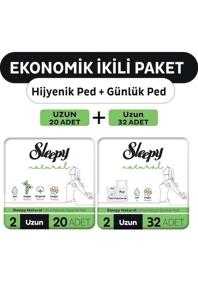 Sleepy Natural Ultra Hassas Hijyenik Ped Uzun 20'li + Günlük Ped Normal 32'li