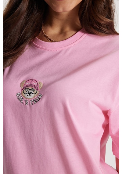 Tudors Kadın Oversize Geniş Kesim %100 Pamuk Bisiklet Yaka Kısa Kollu Baskıllı Pembe Tişört -50801