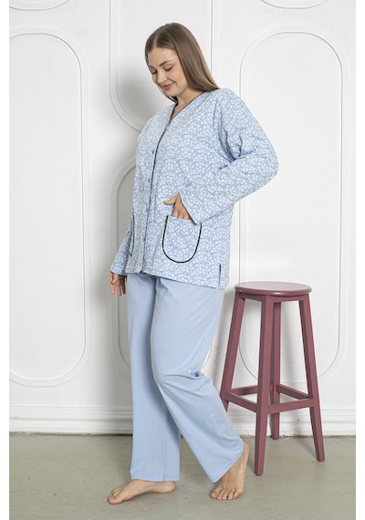 SEBOTEKS %100 Pamuklu Uzun Kollu Boydan Düğmeli Büyük Beden Kadın Pijama Takımı 206 Mavi