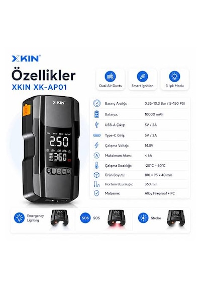 Xkın - 4in1 Akü Takviye Cihazı - 10.000 Mah Powerbank Özellikli - Çantalı Hava Kompresörü