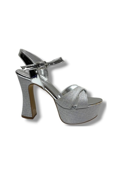 Defne 788-26 Simli Saten Çapraz Bant 30mm Platform Topuk Kadın Sandalet 12cm Gümüş