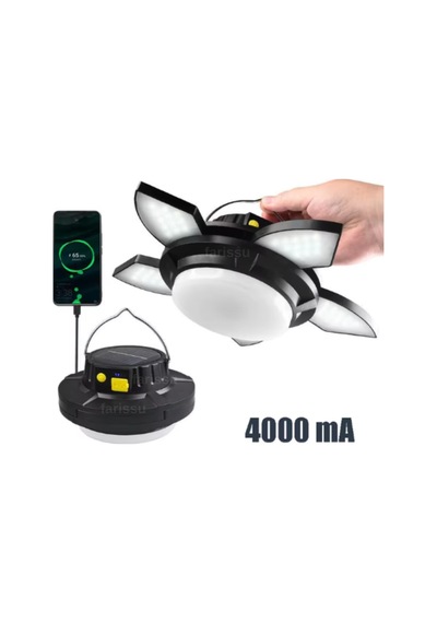 Solar Panelli Telefon Şarj Özellikli Çok Fonksiyonlu Kamp Lambası Aydınlatma Siyah