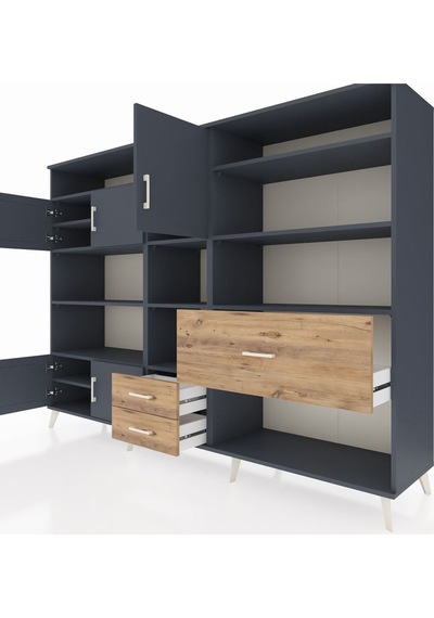 Hyperion Dolap 13 Raflı 3 Çekmeceli 5 Kapaklı 220x44x163 Antrasit Antrasit-antrasit/çam
