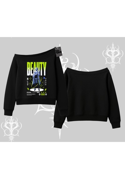 Startmore Kayık Yaka Sweatshirt Anime Unity Neon Detaylı Grafik Baskılı Siyah