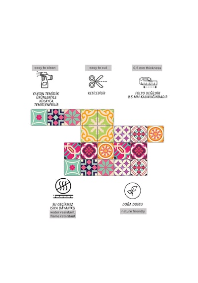 Tink Kendinden Yapışkanlı Pembe Desenli Pvc Karo Kaplama 10x10 Cm 20'li Paket