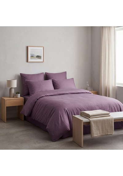 Goldroom Home Çizgili Pamuk Saten Çift Kişilik Nevresim Takımı Açık Mürdüm