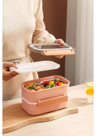 Vagonlife Bento Lunch Box Ofis-Okul Için Yeni Nesil Sefer Tası Çift Kat 4 Bölme Paslanmaz Çelik F494 001