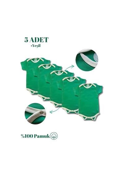 Betül Bebek Kısa Kollu 5'li Organik Pamuk Çıtçıtlı Bebek Body&zıbın 5 Adet Yeşil