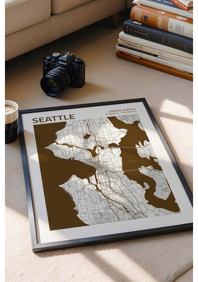 Seattle Abd Haritası Çerçeveli Tablo Lüks Salon Ofis Duvar Dekorasyonu Hediyelik Tablo Siyah