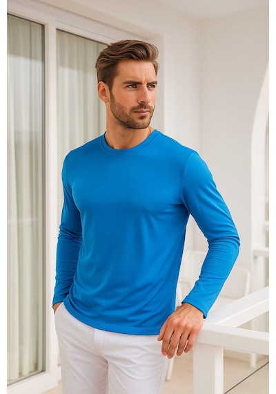 Rich Erkek Uzun Kollu Bisiklet Yaka Tişört - %100 Pamuk Basic Relaxed T-shirt Mavi