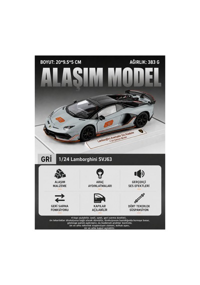 Lisanslı 1:24 Alaşım Lamborghini Aventador Svj Koleksiyonluk Die-cast Metal Araba Gri Çok Renkli