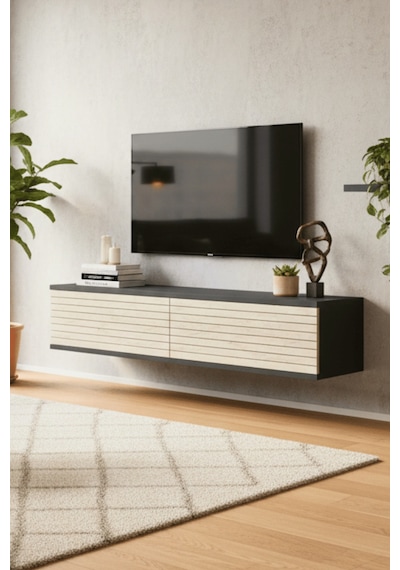Tda1214at - Zeynep120 Duvara Montaj Tv Stand, Tv Rafı, Tv Sehpası Antrasit - Traverten 120cm
