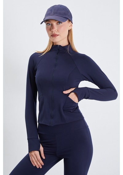 Fullamoda Parmak Geçirmeli Dalgıç Kumaş Slim Fit Ceket Lacivert