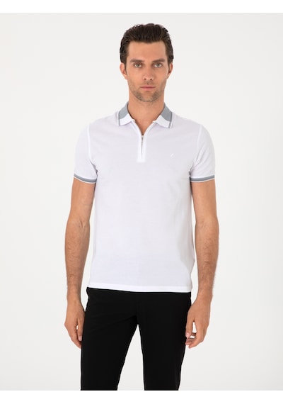 Beyaz Slim Fit %100 Pamuk Fermuarlı Polo Yaka T-shirt