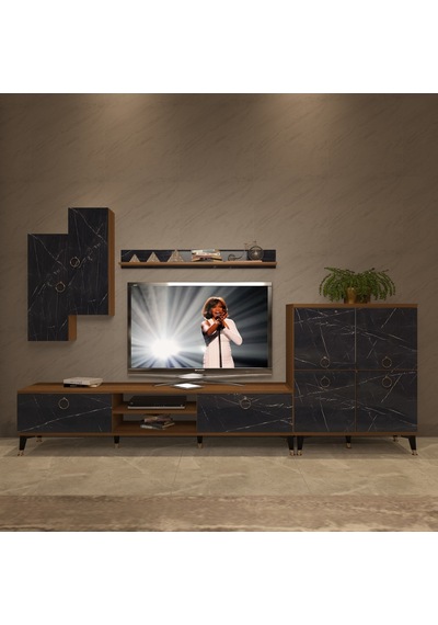 Decoraktiv Eko 6 Mdf Dvd Gold Tv Ünitesi Tv Sehpası Ceviz - Siyah Mermer