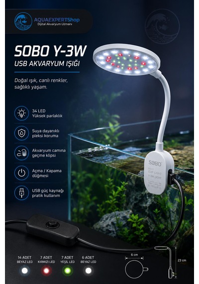 Sobo Usb Akvaryum Işığı - Balık Işığı - Bitki Işığı - 34 Led - Y-3w - Güçlü Aydınlatma - Üstün Performans - 23 Cm - Beyaz