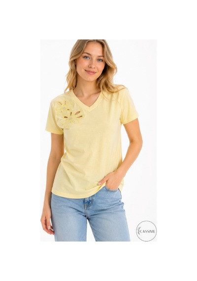 Cassime Kadın Sarı %100 Pamuk Regular/normal Kalıp Çiçek Nakışlı Örme T-shirt