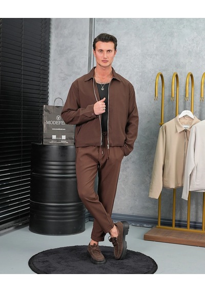 Modefendi Düz Kumaş Oversize Fermuarlı Alt Üst Jogger Takım Kahverengi