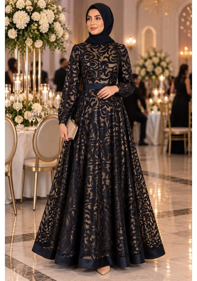 Gül&can Butik Tesettür Abiye Üstü Tüllü Alti Saten Şık Abiye Lacivert